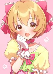 Rule 34 | 1girl, blush, bow, bowtie, brown eyes, brown hair, choker, clenched hand, collarbone, dot nose, flat chest, gloves, green bow, green bowtie, hair bow, hair ribbon, hand up, heart, heart choker, highres, idolmaster, idolmaster cinderella girls, idolmaster cinderella girls starlight stage, kahiika, koga koharu, lace, lace-trimmed ribbon, lace trim, looking at viewer, open mouth, pink background, pink bow, pink bowtie, pink choker, pink ribbon, ribbon, shirt, short hair, short sleeves, smile, solo, star (symbol), starry background, white gloves, yellow shirt