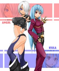 Rule 34 | 2girls, angel (kof), blue eyes, blue hair, bodysuit, boots, breasts, fingerless gloves, from side, gloves, grey hair, hair over one eye, hand on own hip, highres, kula diamond, large breasts, legs, midriff, multiple girls, parted lips, red hair, short hair, sideboob, smile, snk, the king of fighters, thighs, v