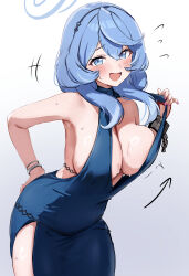 Rule 34 | 1girl, absurdres, adjusting dress, ako (blue archive), ako (dress) (blue archive), backless dress, backless outfit, blue archive, blue dress, blue eyes, blue hair, blue halo, breasts, cleavage, cuffs, dress, halo, handcuffs, highres, large breasts, mochitsuki karen, official alternate costume, sideboob, sideless dress, single handcuff, sleeveless, sleeveless dress, solo