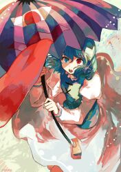 Rule 34 | 1girl, absurdres, artist name, blue eyes, blue hair, blue vest, breasts, commentary request, cowboy shot, frilled sleeves, frills, heterochromia, highres, holding, holding umbrella, juliet sleeves, karakasa obake, long sleeves, looking at viewer, medium hair, open mouth, puffy sleeves, purple umbrella, red eyes, shirt, signature, skirt, small breasts, solo, tatara kogasa, tongue, touhou, umbrella, uninosono, vest, white shirt, white skirt
