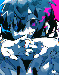 Rule 34 | 1boy, artist logo, bandage on face, bandages, chromatic aberration, commentary request, film grain, greyscale with colored background, hair between eyes, hands up, highres, hood, hood down, hoodie, interlocked fingers, long sleeves, male focus, original, raito-kun (uenomigi), shirt, simple background, solo, spot color, uenomigi