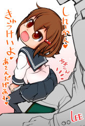 Rule 34 | 10s, 1boy, 1girl, admiral (kancolle), black legwear, brown eyes, brown hair, fang, gradient background, hair ornament, hairclip, ikazuchi (kancolle), kantai collection, lee (colt), looking back, open mouth, school uniform, serafuku, short hair, sitting, sitting on person, translation request