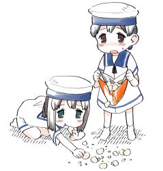 Rule 34 | :t, bag, black hair, blue eyes, blush, brown eyes, chips (food), commentary request, daitou (kancolle), dress, eating, food, full body, harukaze unipo, hat, hiburi (kancolle), holding, holding bag, kantai collection, kneeling, open mouth, ponytail, potato chips, sailor collar, sailor dress, sailor hat, short hair, short ponytail, short sleeves, simple background, socks, standing, sweat, white background, white footwear, white headwear