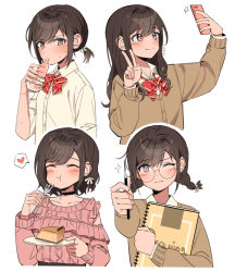 Rule 34 | 1girl, alternate hair length, alternate hairstyle, black choker, blouse, blush, bow, bowtie, braid, brown cardigan, brown hair, cake, cake slice, cardigan, cellphone, choker, closed eyes, closed mouth, collarbone, collared shirt, commentary request, drink, eating, food, glasses, heart, holding, holding drink, holding pencil, holding phone, holding plate, holding sketchbook, kamiyama high school uniform (project sekai), korean commentary, long hair, long sleeves, multiple views, namgic, one eye closed, pencil, phone, pink shirt, plate, project sekai, red bow, red bowtie, round eyewear, school uniform, selfie, shinonome ena, shirt, short hair, short ponytail, side braid, simple background, sketchbook, sleeves rolled up, smartphone, smile, sparkle, spoken heart, striped bow, striped bowtie, striped clothes, sweat, twin braids, upper body, v, white background, white shirt