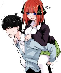 Rule 34 | 1boy, 1girl, antenna hair, black cardigan, black eyes, black hair, black ribbon, blue eyes, blunt bangs, blush, breasts, butterfly hair ornament, cardigan, carrying, clenched teeth, commentary, cowboy shot, dress shirt, embarrassed, eyebrows hidden by hair, flying sweatdrops, from side, go-toubun no hanayome, green skirt, hair ornament, hair ribbon, hands on another&#039;s shoulders, hetero, highres, large breasts, looking at another, looking at viewer, mame1645, medium hair, miniskirt, nakano nino, nose, open cardigan, open clothes, open mouth, pantyhose, piggyback, pleated skirt, red hair, ribbon, school uniform, shirt, short hair, simple background, skirt, sleeves past wrists, straight hair, sweat, teeth, trembling, two side up, uesugi fuutarou, v-shaped eyebrows, white background, white pantyhose, white shirt