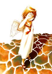 Rule 34 | 1girl, angel, angel wings, brown hair, collarbone, commentary, covering one eye, dress, full body, haibane renmei, hashtag-only commentary, highres, looking at viewer, neckerchief, open mouth, rakka (haibane), red neckerchief, sailor collar, sandals, short hair, snsk3470, solo, standing, toes, white dress, white wings, wings