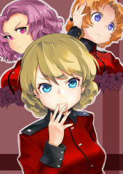 Rule 34 | 3girls, alternate eye color, black bow, blonde hair, blue eyes, bow, braid, closed mouth, commentary, cropped torso, darjeeling (girls und panzer), epaulettes, flower, frown, girls und panzer, hair bow, hand on own head, hand to own mouth, highres, jacket, lily (flower), long sleeves, looking at viewer, military, military uniform, monomono, multiple girls, orange hair, orange pekoe (girls und panzer), parted bangs, purple eyes, purple hair, red jacket, rose, rosehip (girls und panzer), short hair, smile, st. gloriana&#039;s military uniform, twin braids, uniform