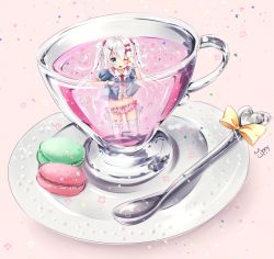 Rule 34 | 1girl, :o, asymmetrical bangs, asymmetrical legwear, bad id, bad pixiv id, biscuit, blue eyes, blush, creative commons, cup, food, frilled panties, frilled socks, frills, hair ornament, in container, in cup, kneeling, long hair, macaron, mini person, minigirl, mismatched legwear, mony, one eye closed, original, panties, partially submerged, saucer, socks, solo, spoon, teacup, thighhighs, twintails, underwear, white hair, white socks, wrist cuffs