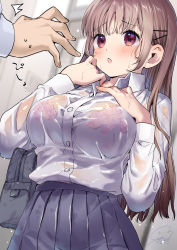 Rule 34 | 1girl, absurdres, bag, blush, bra, bra visible through clothes, bralines, breasts, brown eyes, brown hair, geshumaro, hair ornament, hairclip, hands up, highres, large breasts, long hair, open mouth, original, pink bra, pleated skirt, school bag, school uniform, see-through silhouette, shirt, shoulder bag, skirt, solo focus, underwear, wet, wet clothes, wet shirt
