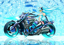 Rule 34 | 1girl, absurdres, aqua hair, bad id, bad pixiv id, company connection, elbow gloves, fingerless gloves, gloves, green eyes, hatsune miku, hatsune miku (append), highres, long hair, md5 mismatch, motor vehicle, motorcycle, navel, necktie, neon trim, smile, solo, soukuu, thighhighs, twintails, vehicle, very long hair, vocaloid, vocaloid append, yamaha