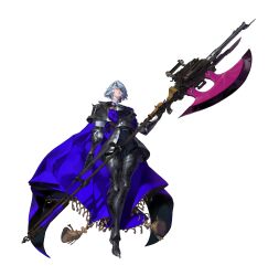Rule 34 | absurdres, armor, armored boots, armored dress, axe, battle axe, blue hair, boots, cape, colored sclera, expressionless, full armor, full body, grey sclera, heez031, highres, holding, holding weapon, huge weapon, original, purple cape, short hair, weapon, white background, white eyes