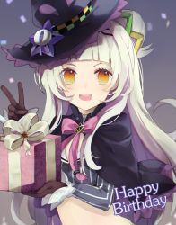 Rule 34 | 1girl, bad id, bad twitter id, black capelet, black gloves, blunt bangs, blush, brooch, capelet, commentary, crop top, gift, gloves, hair bun, hair ornament, happy birthday, hat, holding, holding gift, hololive, jewelry, long hair, long sleeves, looking at viewer, midriff, multicolored eyes, murasaki shion, murasaki shion (1st costume), open mouth, orange eyes, pinstripe pattern, pinstripe shirt, ribbon, shirt, silver hair, single hair bun, single side bun, smile, solo, striped clothes, striped shirt, tacos rr, tilted headwear, v, vertical-striped clothes, vertical-striped shirt, virtual youtuber, witch hat, yellow eyes