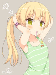 Rule 34 | &gt;:), 10s, 1girl, adjusting hair, armpits, artist name, badge, bare arms, blonde hair, blouse, blush, bow, button badge, casual, collarbone, commentary request, green shirt, green tank top, grey background, hair tie, idolmaster, idolmaster cinderella girls, jougasaki rika, kaiware-san, looking at viewer, mouth hold, red bow, shiny skin, shirt, signature, simple background, smiley face, solo, star (symbol), striped, striped tank top, sweatband, tank top, tying hair, v-shaped eyebrows, yellow eyes