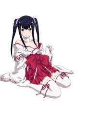 Rule 34 | 00s, 1girl, black hair, hair ornament, highres, ikkitousen, japanese clothes, long hair, looking at viewer, miko, saji genpou (true), simple background, smile, solo, thighhighs, twintails, white background, white thighhighs, yellow eyes