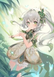 Rule 34 | 1girl, armlet, bloomers, child, cross-shaped pupils, detached sleeves, dress, etm (ahong), genshin impact, gold trim, gradient hair, green eyes, green hair, hair ornament, highres, leaf hair ornament, multicolored hair, nahida (genshin impact), plant, pointy ears, side ponytail, signature, sleeveless, solo, symbol-shaped pupils, underwear, white dress, white hair