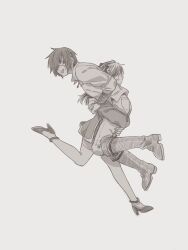 1boy 1girl anklet belt blush boots carrying carrying_over_shoulder carrying_person coat collared_shirt d.gray-man earrings eyepatch grey_background greyscale hair_between_eyes hair_ribbon hand_on_another&#039;s_shoulder high_heels highres holding_another&#039;s_legs hoop_earrings jewelry lavi legs lenalee_lee long_hair looking_ahead looking_at_another monochrome nervous one_eye_covered open_mouth pants ribbon richiumu running shirt short_hair shorts sidelocks stiletto_heels striped_coat sweat sweatdrop thighhighs thighs two_side_up wrist_cuffs zettai_ryouiki