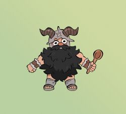 Rule 34 | 1boy, beard, billspooks, brown hair, deformed, dungeon meshi, dwarf, facial hair, fake horns, full body, green background, helmet, highres, holding, holding spoon, horned helmet, horns, long beard, looking at viewer, male focus, mustache, senshi (dungeon meshi), solo, spoon, standing, straight-on, thick mustache, uneven eyes, very long beard
