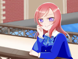 Rule 34 | 1girl, 2019, artist request, blazer, blue bow, blue bowtie, bow, bowtie, dutch angle, female focus, hand on own cheek, hand on own face, highres, jacket, long sleeves, looking at viewer, love live!, love live! school idol project, nishikino maki, pleated skirt, purple eyes, red hair, school uniform, short hair, skirt, smile, solo, striped bow, striped bowtie, striped clothes