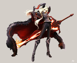 Rule 34 | 152 in can, 1girl, absurdres, armor, blonde hair, boots, cape, dragon horns, fate/grand order, fate (series), flaming sword, flaming weapon, fur-trimmed cape, fur trim, grey background, high heel boots, high heels, highres, holding, holding sword, holding weapon, horns, long hair, nero claudius (fate), nero claudius (fate) (all), queen draco (fate), queen draco (third ascension) (fate), red eyes, smile, sword, weapon