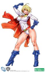 Rule 34 | 1girl, ahoge, alien, animification, arm up, belt, belt buckle, belt skirt, biceps, blonde hair, blue eyes, blue footwear, boots, breasts, buckle, cape, cleavage, cleavage cutout, clenched hands, clothing cutout, contrapposto, covered navel, dc comics, elbow gloves, full body, gloves, hair between eyes, hand on own hip, high heels, highleg, highleg leotard, knee boots, kotobukiya, kryptonian, large breasts, leaning, legs, leotard, muscular, power girl, raised fist, red cape, shirt, shoes, short hair, simple background, skin tight, smile, solo, spread legs, standing, superhero costume, superman (series), taut clothes, taut shirt, turtleneck, white background, yamashita shun&#039;ya
