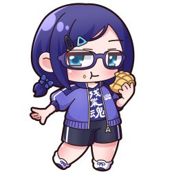 Rule 34 | 1girl, :t, a-chan (hololive), absurdres, black shorts, blue-framed eyewear, blue bow, blue eyes, blue hair, blue jacket, blue shirt, blush, bow, bread, chibi, closed mouth, clothes writing, commentary request, eating, food, food on face, full body, glasses, hair bow, hair ornament, hairclip, highres, holding, holding food, hololive, jacket, long sleeves, looking at viewer, low twintails, melon bread, open clothes, open jacket, puffy long sleeves, puffy sleeves, saishosaisekojo, semi-rimless eyewear, shirt, shoes, short twintails, shorts, simple background, solo, standing, standing on one leg, swept bangs, twintails, under-rim eyewear, virtual youtuber, white background, white footwear