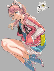 Rule 34 | 1girl, ai: the somnium files, animal ears, blue eyes, blue socks, grey background, hands in pockets, high heels, jacket, kozaki yuusuke, long hair, looking at viewer, open shoes, pink footwear, red hair, sagan iris, simple background, smile, socks, solo, strappy heels, striped clothes, striped jacket