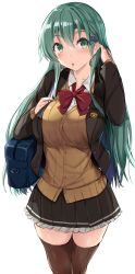 Rule 34 | 1girl, aqua hair, bag, blush, bow, bowtie, breasts, brown cardigan, brown jacket, brown skirt, brown thighhighs, cardigan, cleavage, collarbone, frilled skirt, frills, gin&#039;ichi (akacia), green eyes, hair ornament, hairclip, hand in own hair, highres, jacket, kantai collection, large breasts, long hair, long sleeves, looking at viewer, open collar, parted lips, red bow, red bowtie, shirt, sidelocks, skirt, solo, straight hair, suzuya (kancolle), thighhighs, white shirt