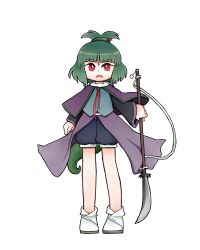 Rule 34 | adagumo no saragimaru, androgynous, capelet, chikafumikou, full body, gender request, green hair, hair ornament, len&#039;en, polearm, ponytail, red eyes, short hair, short ponytail, shorts, snake hair ornament, snake tail, solo, spear, tail, transparent background, weapon