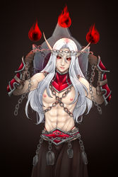 Rule 34 | 1boy, abs, absurdres, blood elf (warcraft), chain, gauntlets, gloves, highres, holding, holding chain, kael&#039;thas sunstrider, long hair, male focus, menhou, red eyes, skirt, warcraft, white hair, world of warcraft