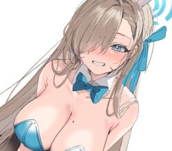 Rule 34 | 1girl, animal ear headwear, animal ears, asuna (blue archive), asuna (bunny) (blue archive), asymmetrical bangs, asymmetrical hair, blue archive, blue bow, blue bowtie, blue eyes, blue leotard, blue ribbon, blush, bow, bowtie, breasts, cleavage, cropped torso, detached collar, fake animal ears, hair over one eye, halo, highleg, highleg leotard, highres, large breasts, leotard, long hair, mole, mole on breast, paragasu (parags112), playboy bunny, rabbit ears, ribbon, sidelocks, sketch, smile, sweatdrop, very long hair, white background