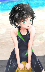 Rule 34 | 1girl, ahoge, black hair, black one-piece swimsuit, competition swimsuit, feet out of frame, green eyes, highres, kantai collection, looking at viewer, matsukaze (kancolle), namiki kojiro, one-piece swimsuit, short hair, solo, swept bangs, swimsuit, wavy hair