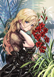 Rule 34 | 1girl, adjusting hair, black dress, blonde hair, blue eyes, blush, breasts, dress, flower, gladiolus, gloves, highres, holding, holding flower, kink (tortoiseshell), lace, lace dress, lace gloves, light particles, long hair, looking at viewer, medium breasts, original, parted lips, plant, red flower, short sleeves, smile, solo, upper body, vines