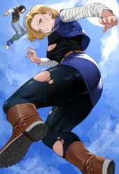 Rule 34 | 1boy, 1girl, absurdres, android 17, android 18, ass, belt, black hair, blonde hair, blue eyes, blue sky, blurry, blush, boots, breasts, brother and sister, brown footwear, cleavage, cloud, cloudy sky, commentary, day, dragon ball, dragonball z, fingernails, floating, flying, highres, jacket, knee boots, long sleeves, looking at viewer, looking back, medium breasts, medium hair, miniskirt, open clothes, outdoors, panties, panties under pantyhose, pants, pantyhose, parted lips, shiny clothes, siblings, simple background, skirt, sky, striped, torn clothes, torn legwear, underwear, yoshio (55level)