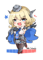 Rule 34 | 1girl, bad id, bad pixiv id, black gloves, black pantyhose, blonde hair, blue eyes, blue necktie, braid, breasts, capelet, character name, chibi, colorado (kancolle), commentary request, dress, elbow gloves, garrison cap, gloves, grey dress, grey hat, hat, headgear, high heels, highres, kantai collection, large breasts, necktie, pantyhose, pleated dress, rudder footwear, shirt, short hair, side braids, sideboob, signature, sleeveless, solo, star (symbol), starry background, white background, white shirt, yamacarrot