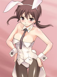 Rule 34 | 1girl, animal ears, bare shoulders, black pantyhose, blush, breasts, brown eyes, brown hair, cross, detached collar, fake animal ears, gertrud barkhorn, hairband, hands on own hips, iron cross, leotard, long hair, medium breasts, miritsu, mirutsu (milts), pantyhose, playboy bunny, rabbit ears, solo, strike witches, world witches series, wrist cuffs