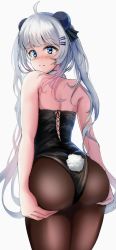 Rule 34 | 1girl, artist request, ass, ass grab, azur lane, bare shoulders, blue eyes, blush, bun cover, deep skin, double bun, embarrassed, from behind, futasan, hair bun, hair ornament, hairclip, halsey powell (azur lane), leotard, long hair, looking at viewer, looking back, pantyhose, playboy bunny, rabbit tail, shiny clothes, shiny skin, silver hair, solo, tail, twintails, very long hair