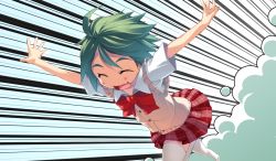 Rule 34 | 1girl, closed eyes, dust, dust cloud, fang, g yuusuke, game cg, green eyes, non-web source, outstretched arms, plaid, plaid skirt, running, sakurai saki, school uniform, short hair, skirt, smoke, socks, solo, spread arms, tapestry -you will meet yourself-, thighhighs, zettai ryouiki