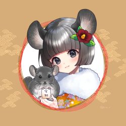 Rule 34 | 1girl, animal, animal ear fluff, animal ears, blush, closed mouth, commentary request, floral print, flower, fur collar, furisode, gloves, grey eyes, grey hair, hair flower, hair ornament, head tilt, holding, holding animal, japanese clothes, kimono, koruri, looking at viewer, mouse ears, orange kimono, original, print kimono, red flower, see-through, short hair, smile, solo, thick eyebrows, translation request, upper body, white gloves