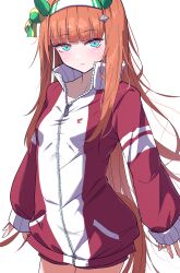 Rule 34 | 1girl, absurdres, animal ears, blue eyes, breasts, closed mouth, collarbone, commentary request, ear covers, hair ornament, headband, highres, hime cut, horse ears, horse girl, horse tail, itosu200, jacket, long sleeves, looking at viewer, orange hair, red jacket, shorts, silence suzuka (umamusume), simple background, small breasts, smile, solo, tail, tracen training uniform, track jacket, umamusume, white background