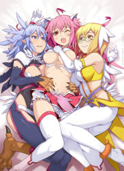 Rule 34 | 3girls, ahoge, animal ears, anklet, assisted exposure, bare shoulders, blonde hair, blue eyes, blue hair, blush, breasts, capelet, claws, cleavage cutout, closed mouth, clothes lift, clothing cutout, commentary request, copyright request, dakimakura (medium), detached sleeves, elbow gloves, fingernails, girl sandwich, glasses, gloves, hair between eyes, hair ornament, hair wings, hands up, high heels, highres, hug, jewelry, knees together feet apart, large breasts, lifting another&#039;s clothes, long sleeves, lying, magical girl, maruto!, miniskirt, multiple girls, navel, on back, on side, open mouth, pantyhose, parted lips, pink eyes, pink hair, pink skirt, pointy ears, sandwiched, sharp fingernails, shirt lift, short hair, skirt, thighhighs, watermark, white gloves, white legwear, wristband, yellow eyes, yuri
