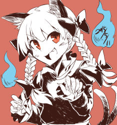 Rule 34 | 1girl, animal ears, braid, cat ears, cat girl, cat tail, fang, female focus, fingernails, highres, hitodama, kaenbyou rin, monochrome, open mouth, red background, red eyes, sharp fingernails, simple background, solo, spot color, tail, the maa, touhou, twin braids, upper body