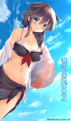 Rule 34 | 10s, 1girl, adapted costume, ball, beachball, bikini, black hair, blue eyes, blush, braid, breasts, cleavage, day, hair flaps, hair over shoulder, highres, kantai collection, large breasts, long hair, looking at viewer, obiwan, sarong, shigure (kancolle), shigure kai ni (kancolle), single braid, smile, solo, swimsuit, translated, twitter username