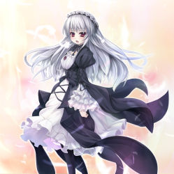 Rule 34 | 00s, 1girl, asa (swallowtail), blush, dress, feathers, female focus, frills, gradient background, hairband, highres, red eyes, rozen maiden, silver hair, solo, suigintou, wind