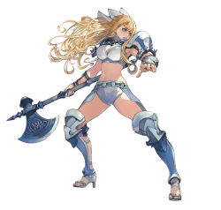 Rule 34 | 1girl, absurdres, arm guards, armor, armpits, artist request, axe, battle axe, bikini armor, blonde hair, blue eyes, bow, breasts, charlotte (fire emblem), cleavage, commentary request, fire emblem, fire emblem fates, fire emblem heroes, full body, hair bow, hair ornament, high heels, highres, holding, holding weapon, large breasts, long hair, looking away, navel, nintendo, official art, parted lips, sandals, short shorts, shorts, shoulder armor, simple background, sleeveless, solo, stomach, weapon