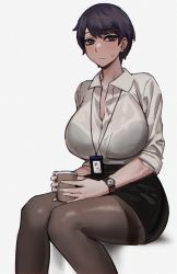 Rule 34 | 1girl, black bra, black eyes, black hair, black skirt, blush, bra, bra visible through clothes, breasts, brown pantyhose, closed mouth, collared shirt, commentary, cup, disposable cup, feet out of frame, gompang 11, highres, holding, holding cup, huge breasts, light frown, looking at viewer, miniskirt, name tag, office lady, original, pantyhose, pencil skirt, shirt, short hair, simple background, sitting, skirt, sleeves rolled up, solo, sweat, swept bangs, symbol-only commentary, unbuttoned, underwear, watch, white background, white shirt