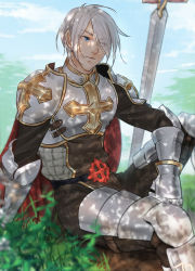 Rule 34 | 1boy, armor, armored boots, blue eyes, blurry, boots, breastplate, closed mouth, cloud, commentary request, cross, dappled sunlight, day, depth of field, eyes visible through hair, gauntlets, grass, hair between eyes, hair over one eye, highres, hikarusorano, leg armor, looking to the side, lord knight (ragnarok online), male focus, outdoors, pauldrons, ragnarok online, shade, short hair, shoulder armor, sitting, solo, sunlight, sword, tabard, weapon, white hair