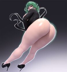 Rule 34 | 1girl, 3d, ass, black dress, bottomless, crossed arms, curly hair, dress, floating, green eyes, green hair, high heels, huge ass, legs, long sleeves, looking back, one-punch man, popogori, simple background, solo, tatsumaki, thick thighs, thighs
