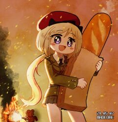 Rule 34 | 2girls, :d, animal ears, artist name, bag, baguette, beret, black necktie, blonde hair, blush stickers, bread, burning, commentary request, commission, cosplay, cowboy shot, dated, double bun, embers, fake animal ears, fire, fire extinguisher, food, girls&#039; frontline, green jacket, grey skirt, hair between eyes, hair bun, hat, holding, holding bag, holding food, jacket, kalina (girls&#039; frontline), kalina (girls&#039; frontline) (cosplay), korean commentary, long hair, long sleeves, m3 (girls&#039; frontline), madcore, military uniform, multiple girls, necktie, open mouth, oven, p90 (girls&#039; frontline), paper bag, pixiv commission, pleated skirt, ponytail, purple eyes, red hat, shirt, side ponytail, skirt, smile, smoke, solo focus, sparkling eyes, sweatdrop, uniform, variant set, very long hair, white shirt