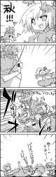 Rule 34 | 4girls, 4koma, aki minoriko, aki shizuha, bow, cirno, comic, daiyousei, detached wings, closed eyes, fairy wings, greyscale, hair bow, hair ornament, highres, ice, ice wings, leaf, leaf hair ornament, letty whiterock, locked arms, long image, long sleeves, maple leaf, monochrome, multiple girls, open mouth, outstretched arms, scarf, short hair, ^^^, sweatdrop, tall image, tani takeshi, touhou, translation request, wings, wrestling, yukkuri shiteitte ne