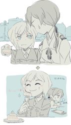 Rule 34 | 2girls, 501st joint fighter wing, blush, cake, comic, cup, eating, erica hartmann, female focus, food, fork, gertrud barkhorn, limited palette, menu, military, military uniform, monochrome, mug, multiple girls, plate, shiraba (sonomama futene), short hair, smile, spot color, strike witches, sweatdrop, uniform, world witches series